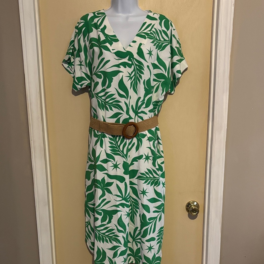 green and white leaf print dress Fred David | Dresses | Fred David With Belt fabric-embroidered
